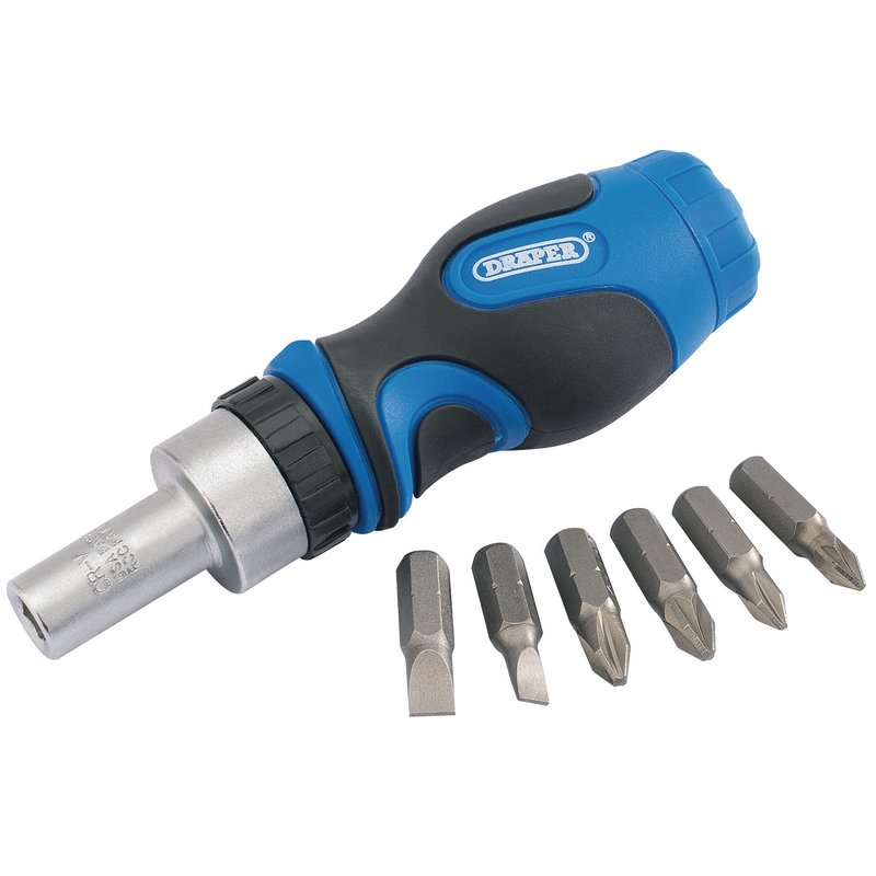 Draper Stubby Ratchet Screwdriver and Bit Set 7 Piece Forward and reverse 01050