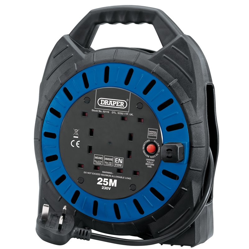Draper 230V Four Socket Cable Reel 25m Fully Unwound 13A 3120W 02119
