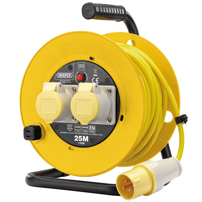 Draper 110V Twin Extension Cable Reel 25m Fully Unwound 16A 1750W 02124