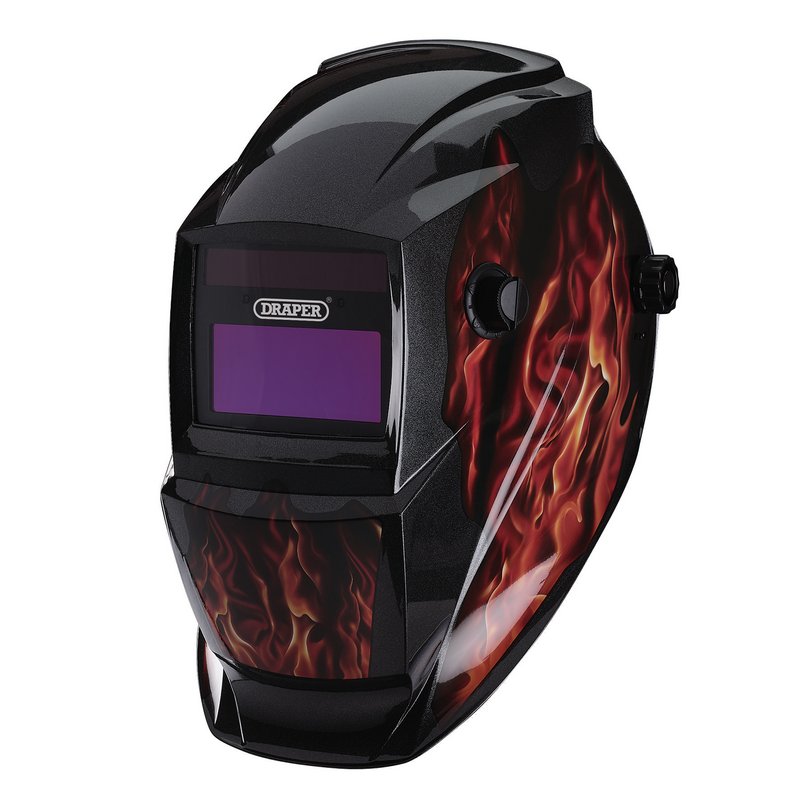 Draper Auto Darkening Welding Helmet Red Flames Design Li-ion Solar 02513