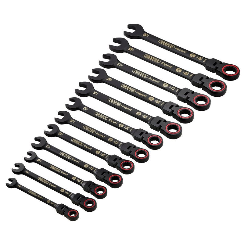 Draper Metric Flexible Head Ratchet Combination Spanner Set Black 12 Pc 03929