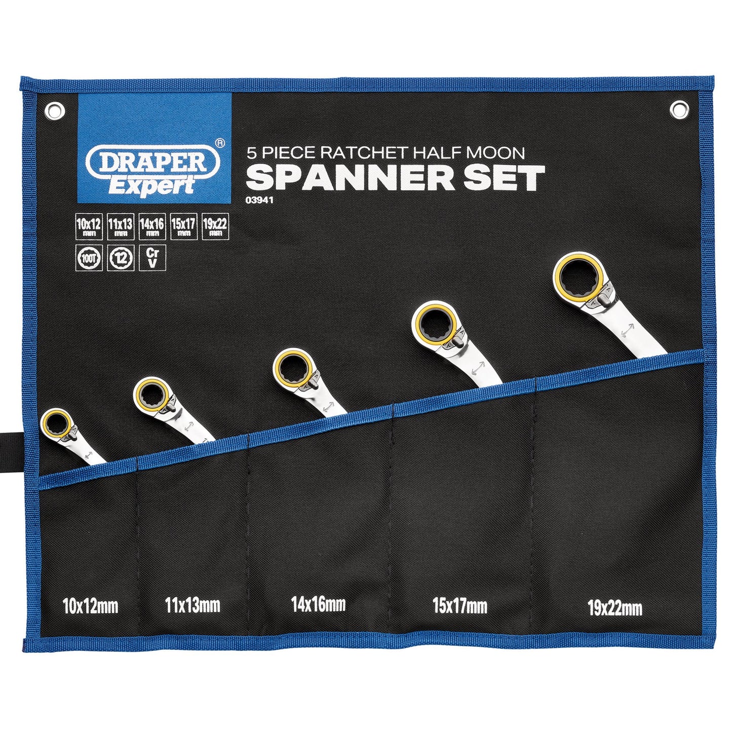 Draper Expert HI-TORQ Double Ring Half Moon Ratchet Spanner Set 5 Piece 03941