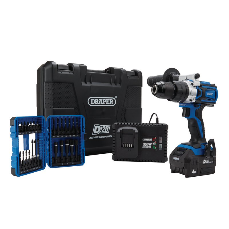 Draper D20 20V Brushless Combi Drill Kit & Impact Screwdriver Bit Set 04790