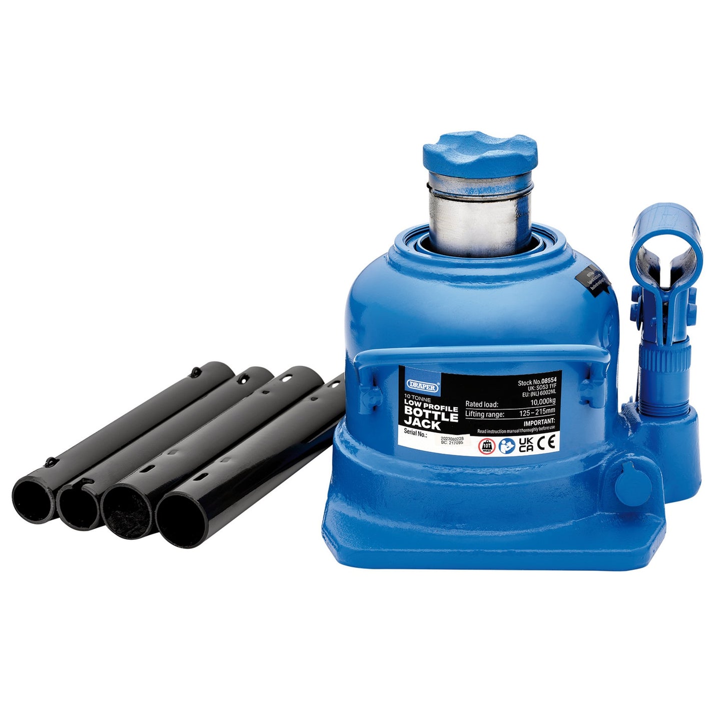 Draper Low Profile Bottle Jack 10 Tonne Two Stage Ram Range 125-215mm 08554