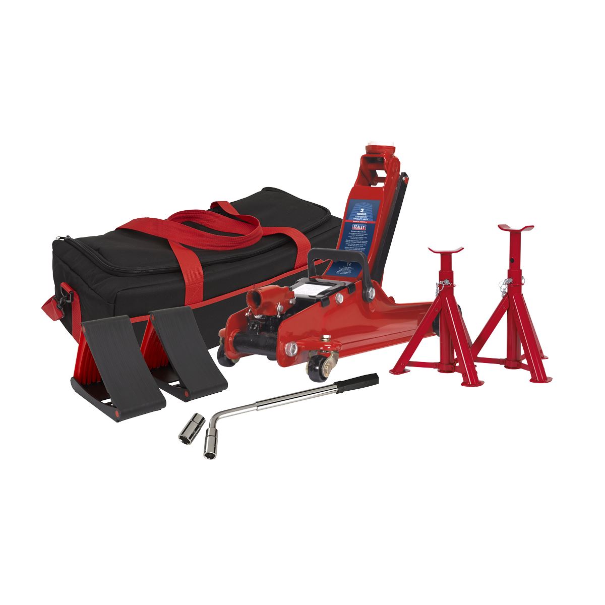 Sealey Trolley Jack 2 Tonne Low Entry Short Chassis & Accessories Bag Combo - Red 1020LEBAGCOMBO