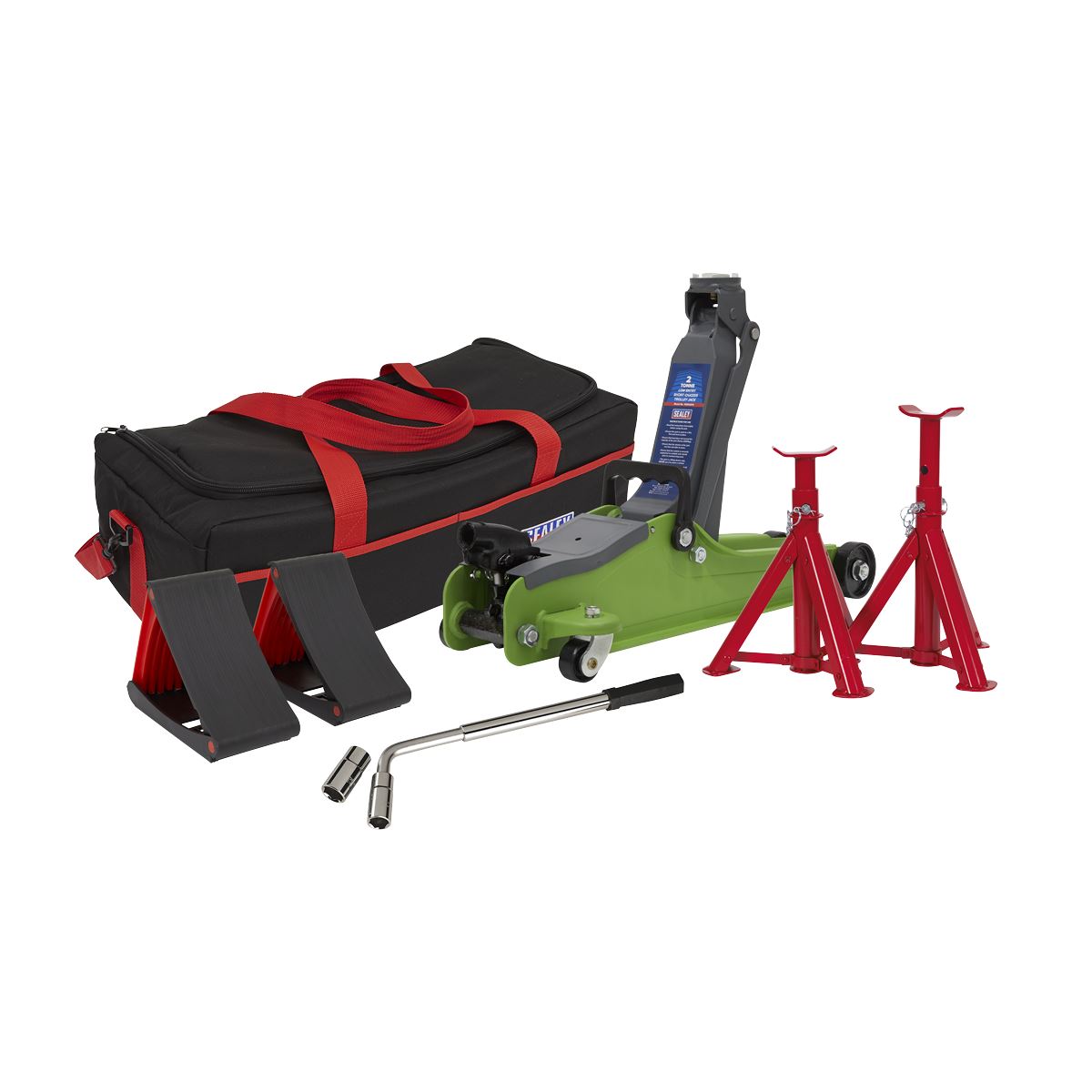Sealey Trolley Jack 2 Tonne Low Entry Short Chassis & Accessories Bag Combo - Hi-Vis Green 1020LEHVBAGCOMBO