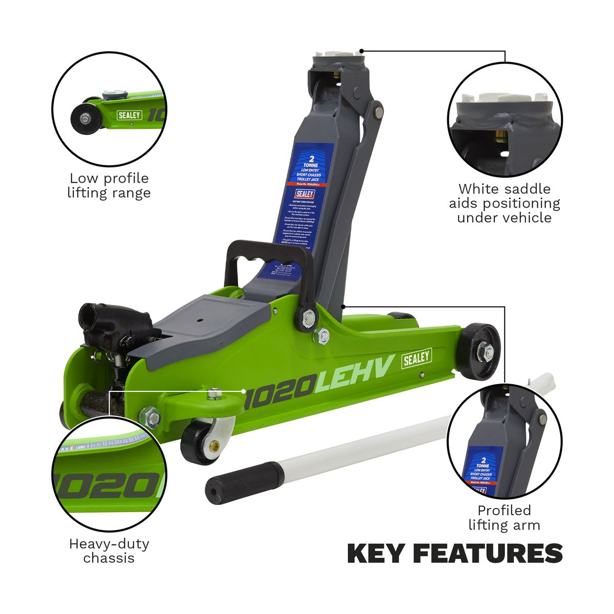 Sealey Trolley Jack 2 Tonne Low Profile Short Chassis - Hi-Vis Green 1020LEHV