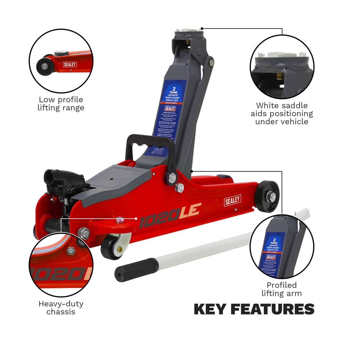 Sealey Trolley Jack 2 Tonne Low Profile Short Chassis - Red 1020LE