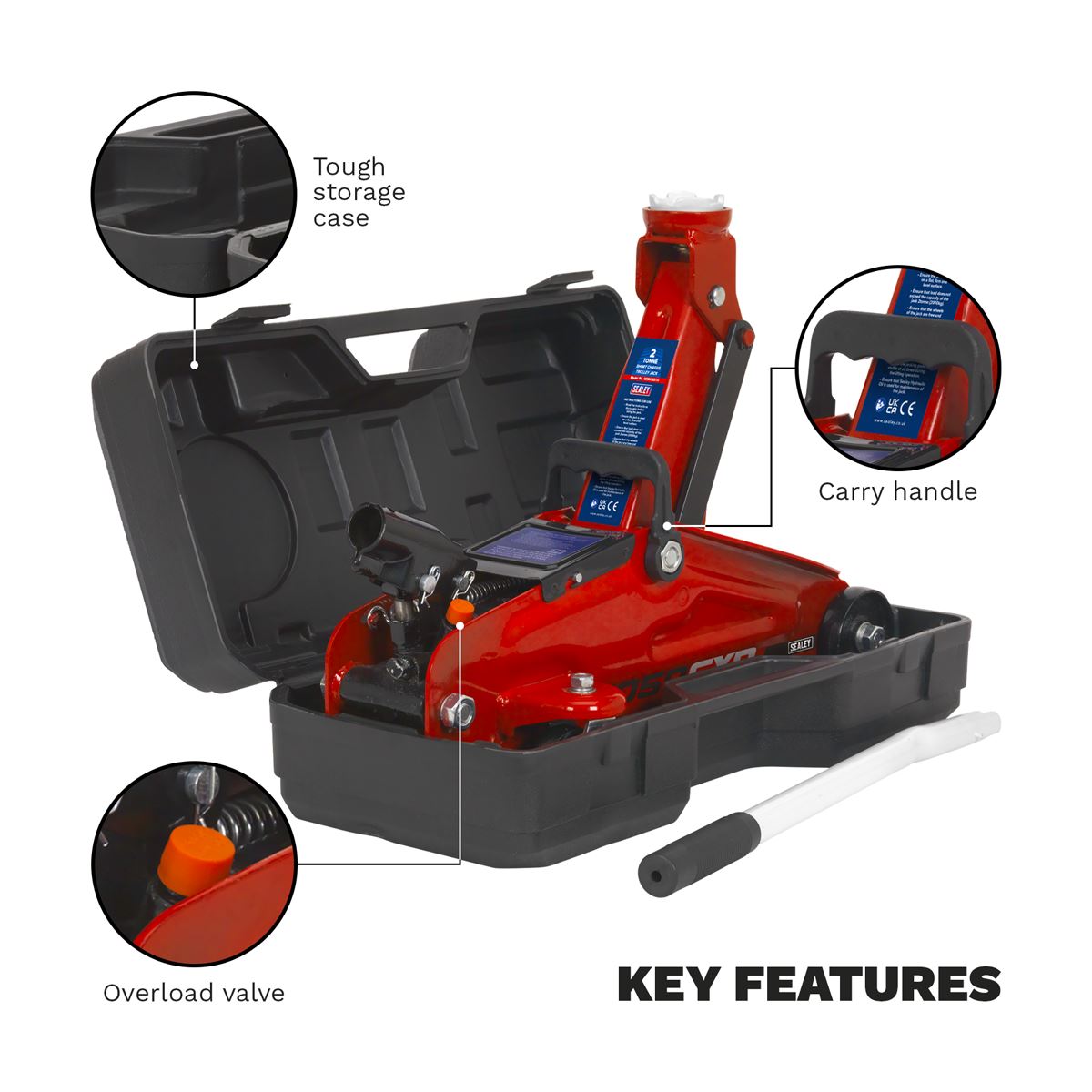 Sealey Trolley Jack 2 Tonne Short Chassis with Storage Case 1050CXD