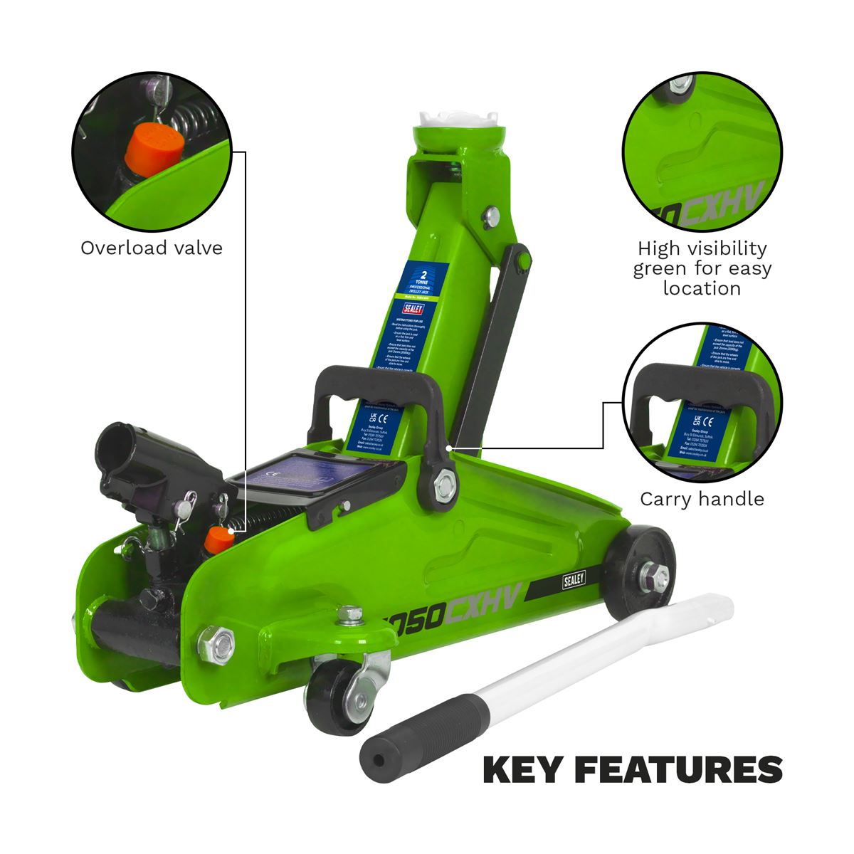 Sealey Trolley Jack 2tonne Short Chassis - Hi-Vis 1050CXHV