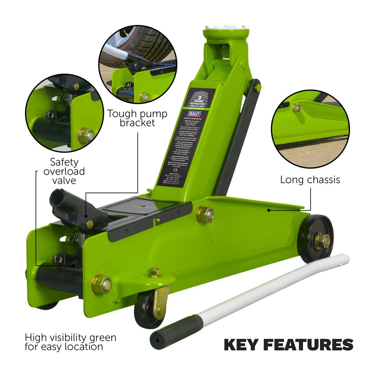 Sealey Trolley Jack 3 Tonne Long Reach Heavy-Duty Hi-Vis 1153CXHV