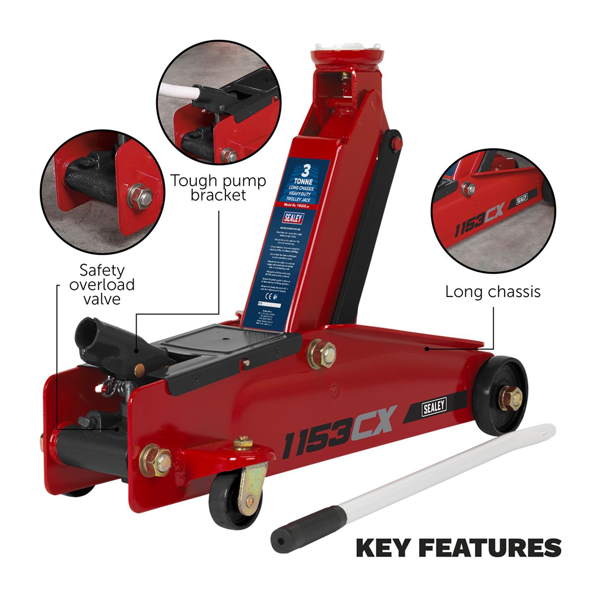 Sealey Trolley Jack 3 Tonne Long Reach Heavy-Duty 1153CX