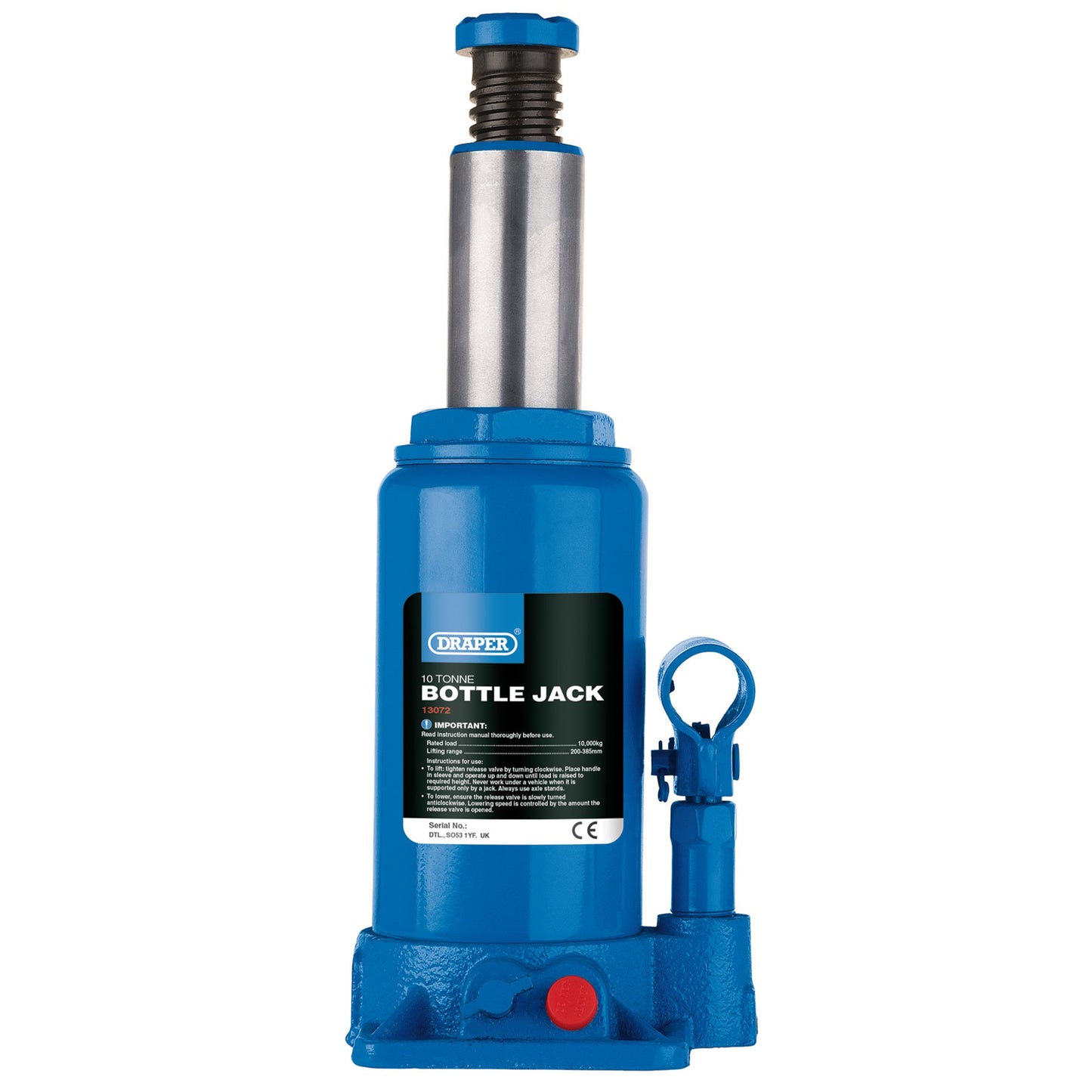 Draper Hydraulic Bottle Jack 10 Tonne Lifting Range 200-385mm 13072