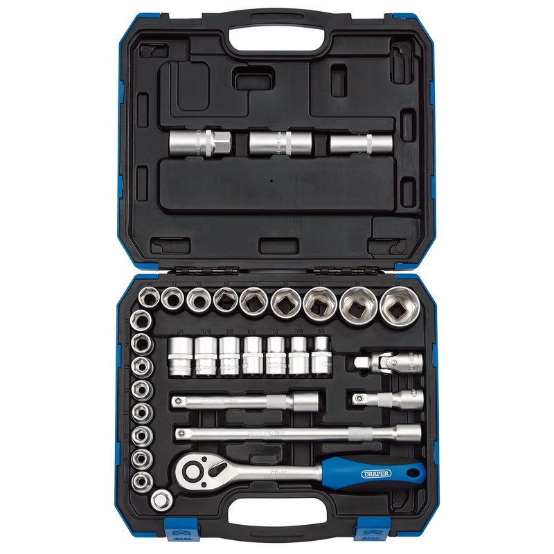 Draper Metric Imperial Socket Set 1/2"D 33p 6 Point Chrome Standard Length 16363