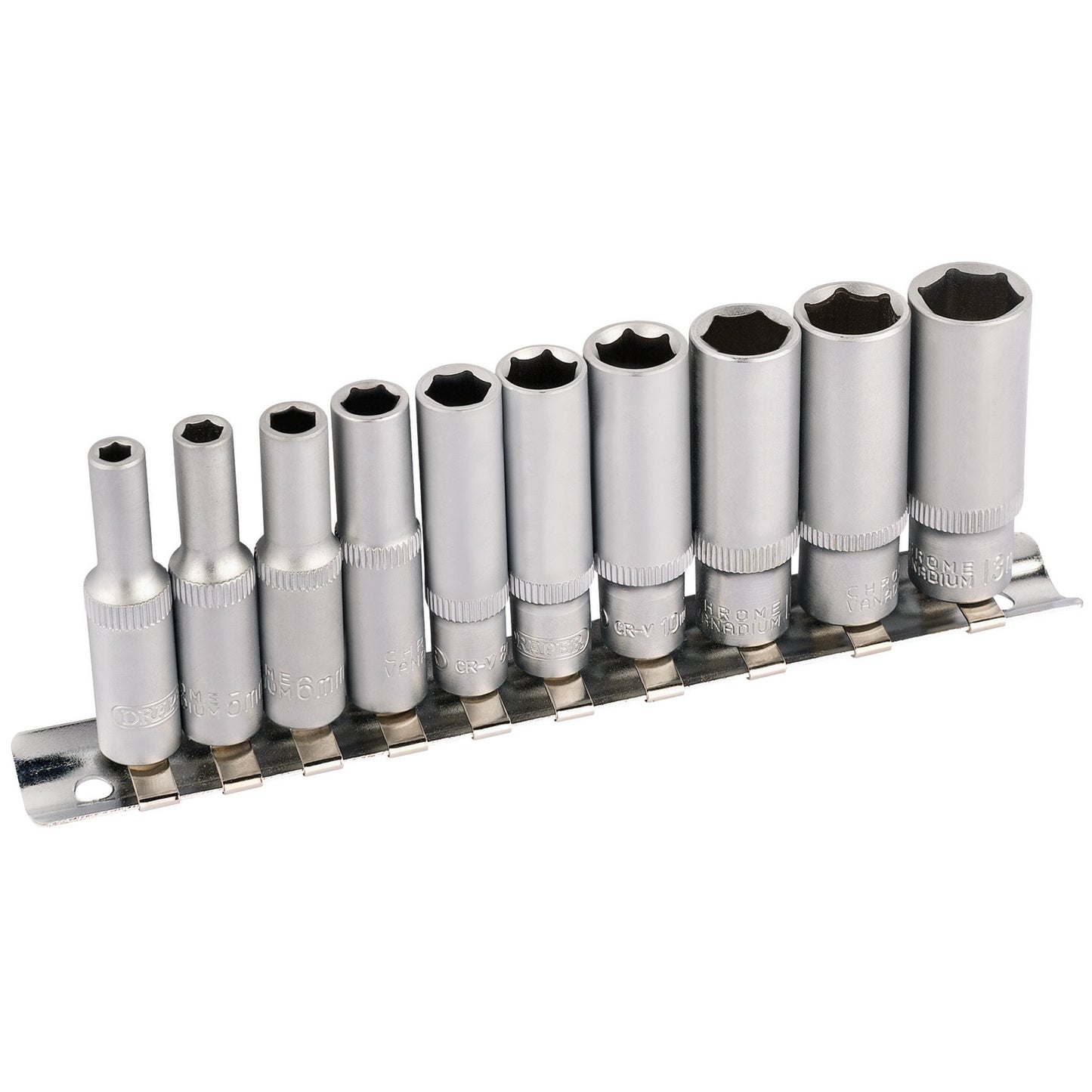 Draper Metric 6 Point Deep Socket on Metal Rail 1/4"D 10 Piece 16399