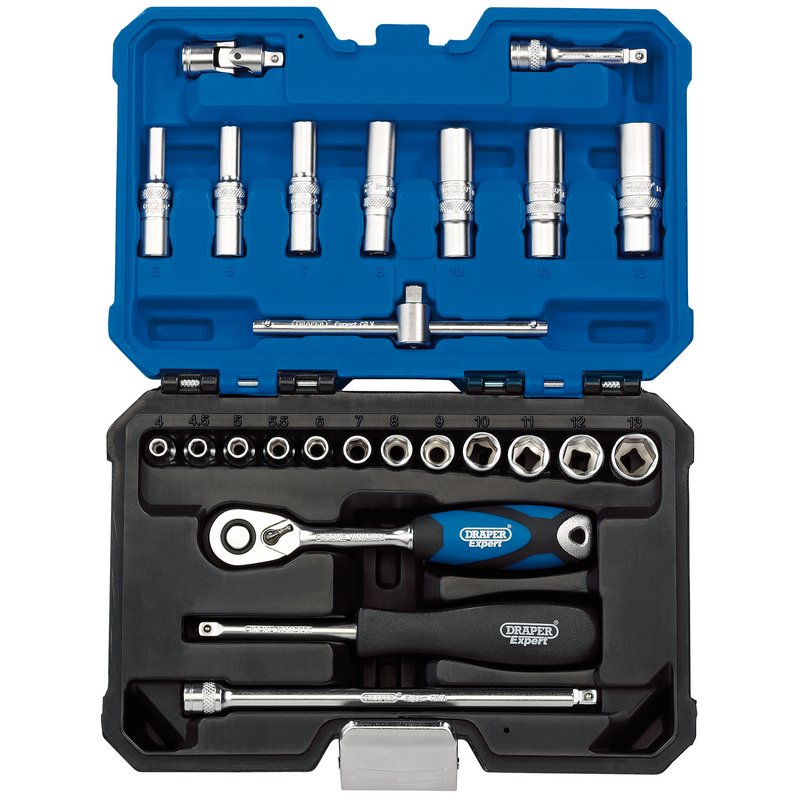 Draper Expert Metric Socket Set 1/4"D Hex Blue 25 Piece Deep & Standard 16443