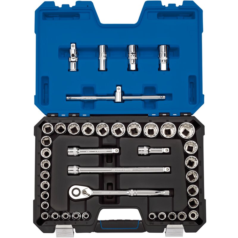 Draper Expert Metric Imperial Socket Set 1/2"D Blue 41pc 12 Point Chrome 16467