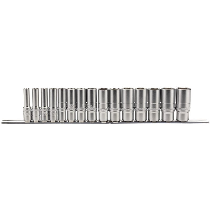 Draper 3/8"D 15 Piece Metric Deep Socket Set on a Metal Rail 10 - 19mm 16494