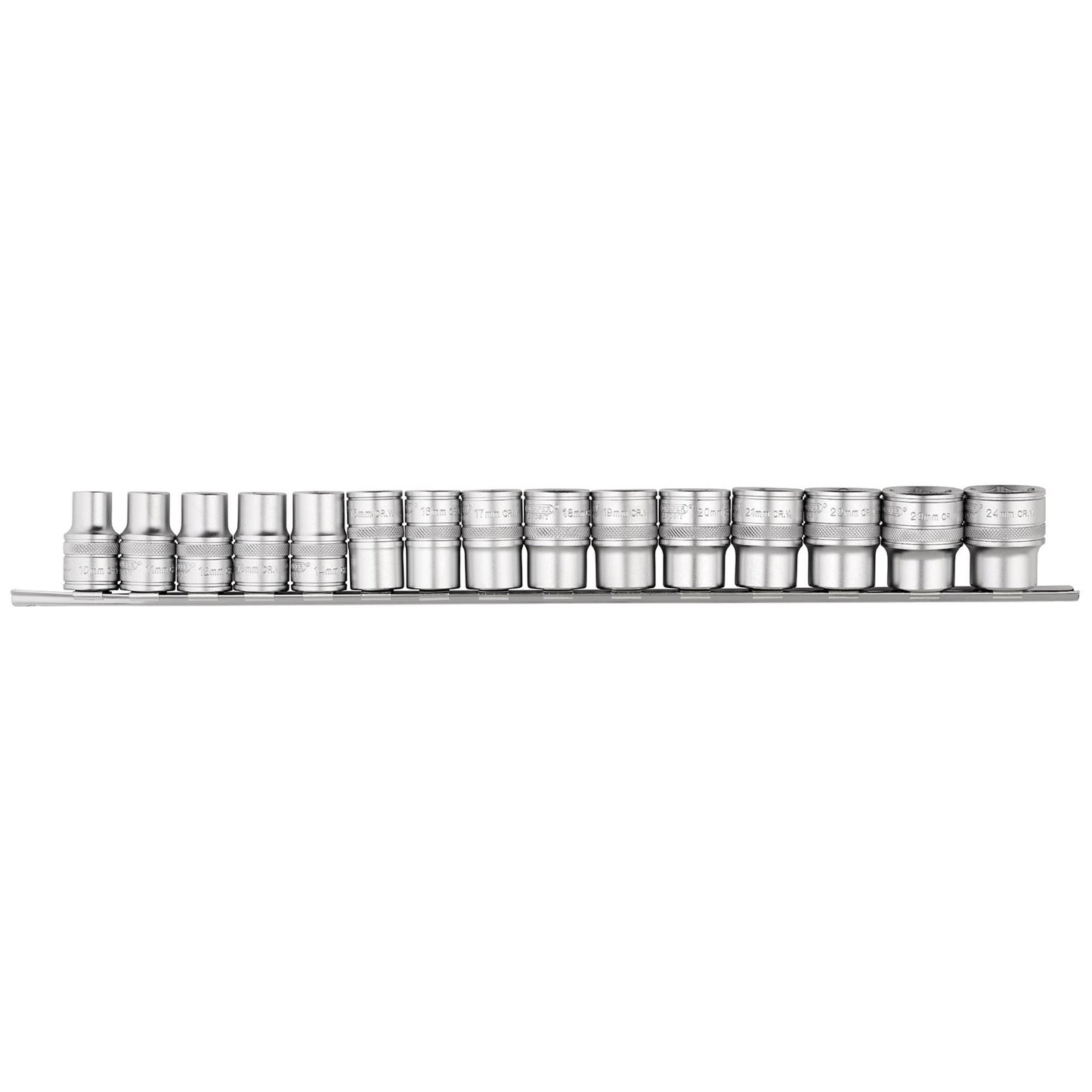 Draper Metric Socket on a Metal Rail 1/2"D 15pc 6 Point Standard Length 16496