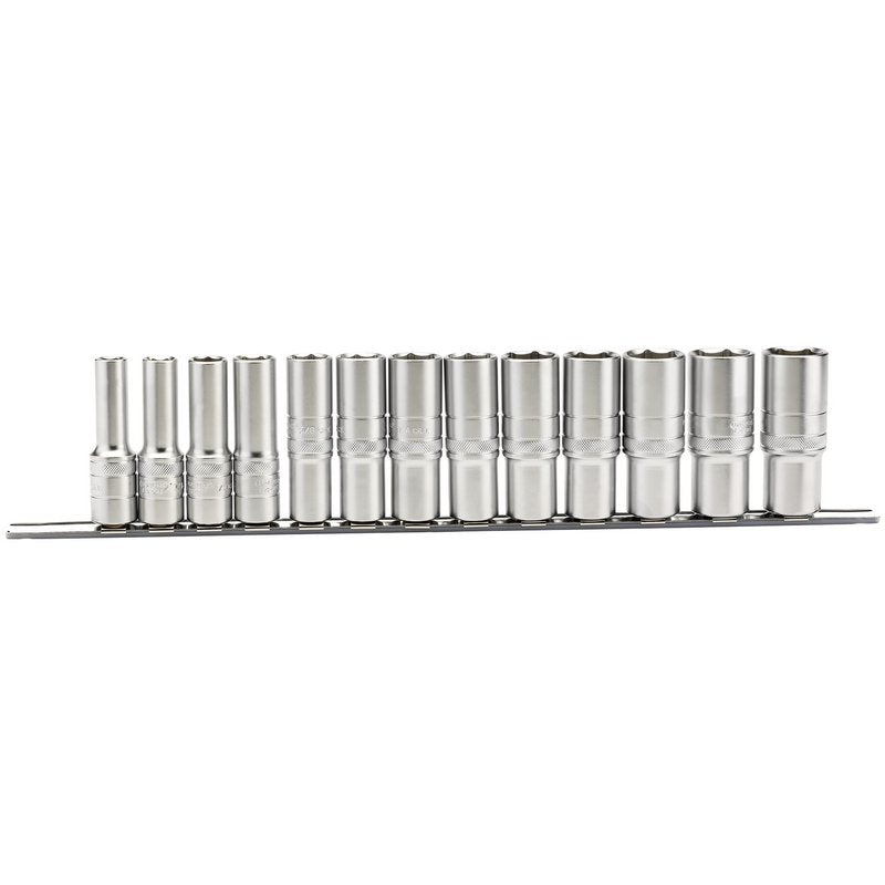 Draper 1/2"D Deep Imperial Socket Set on a Metal Rail 13 Piece 3/8 -1.1/8" 16500