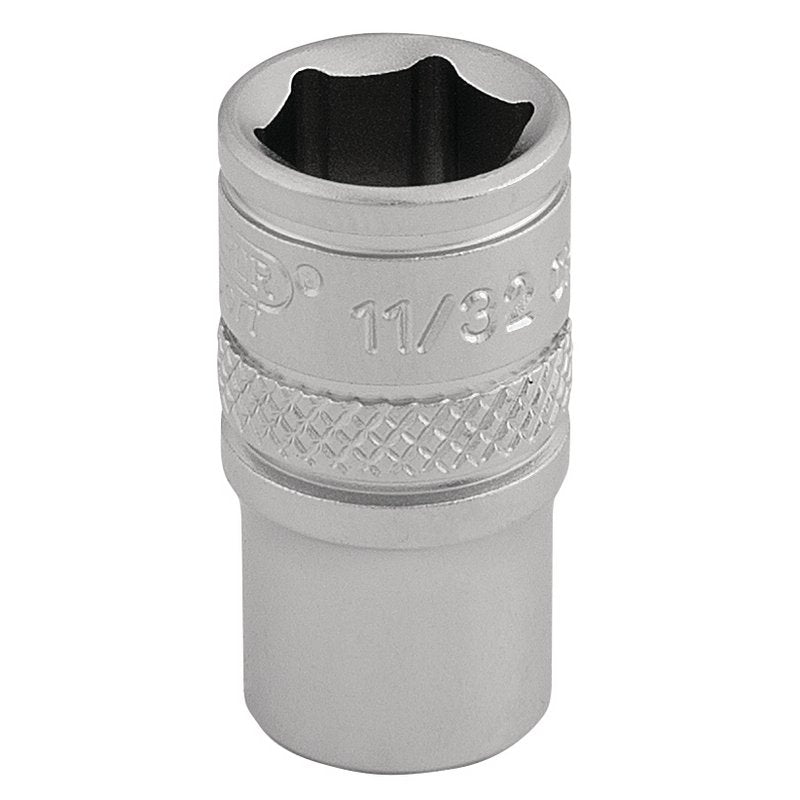 Draper 11/32" 1/4"D Imperial Socket Standard Length Chrome 6 Point Knurled 16523