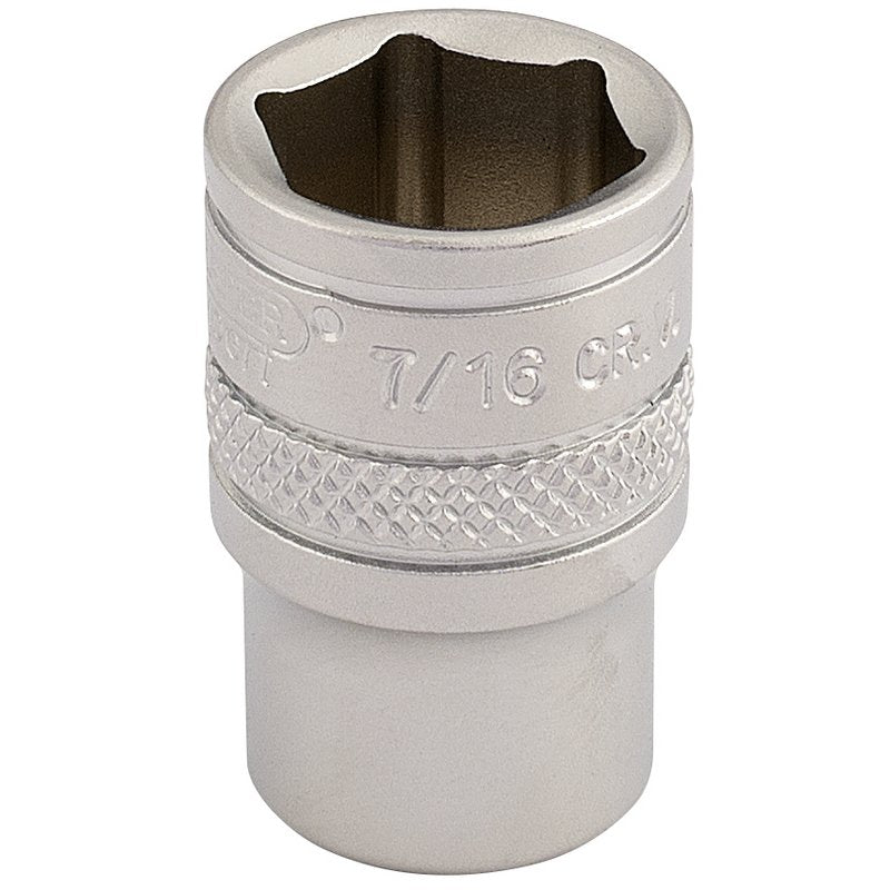 Draper 7/16" 1/4"D Imperial Socket Standard Length Chrome 6 Point Knurled 16525