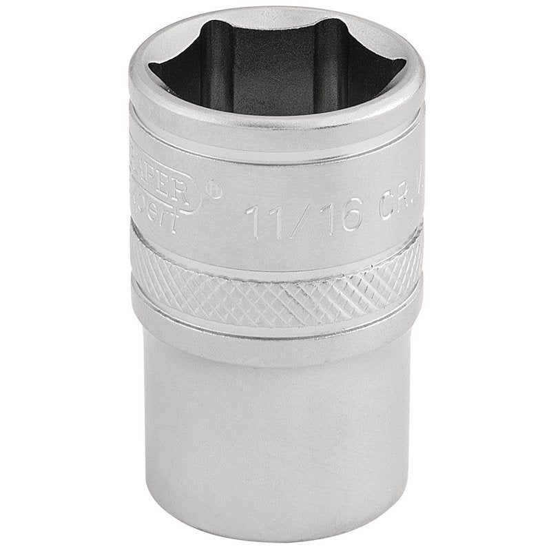 Draper 6 Point Imperial Socket 1/2" Sq Dr 11/16" Knurled Ring Chrome 16630