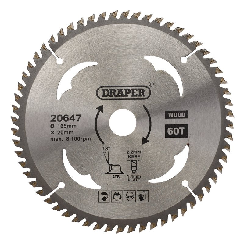 Draper TCT Circular Saw Blade for Wood 165 x 20mm 60T 20647