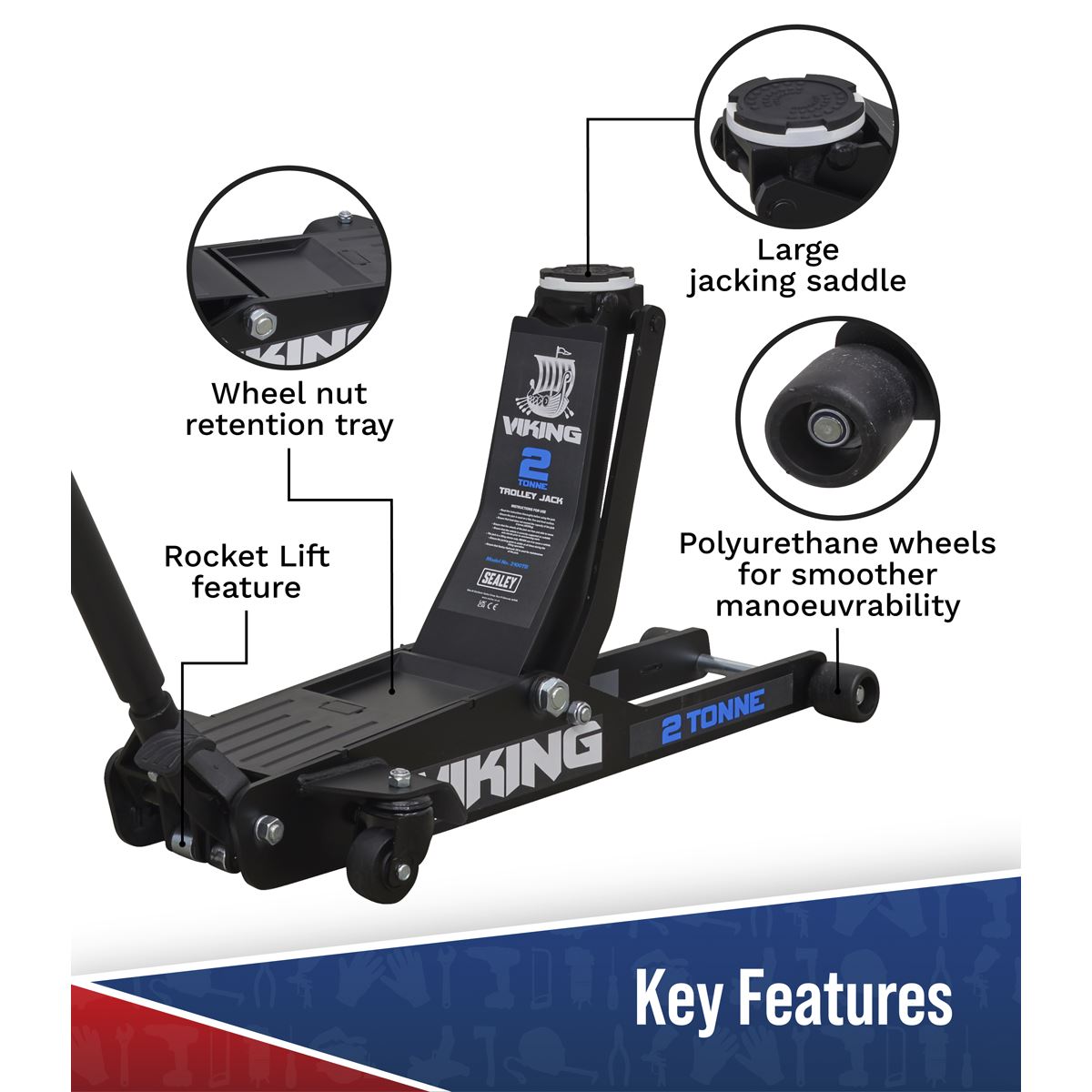 Sealey Viking Low Profile Professional Long Reach Trolley Jack 2 Tonne with Rocket Lift 2100TB