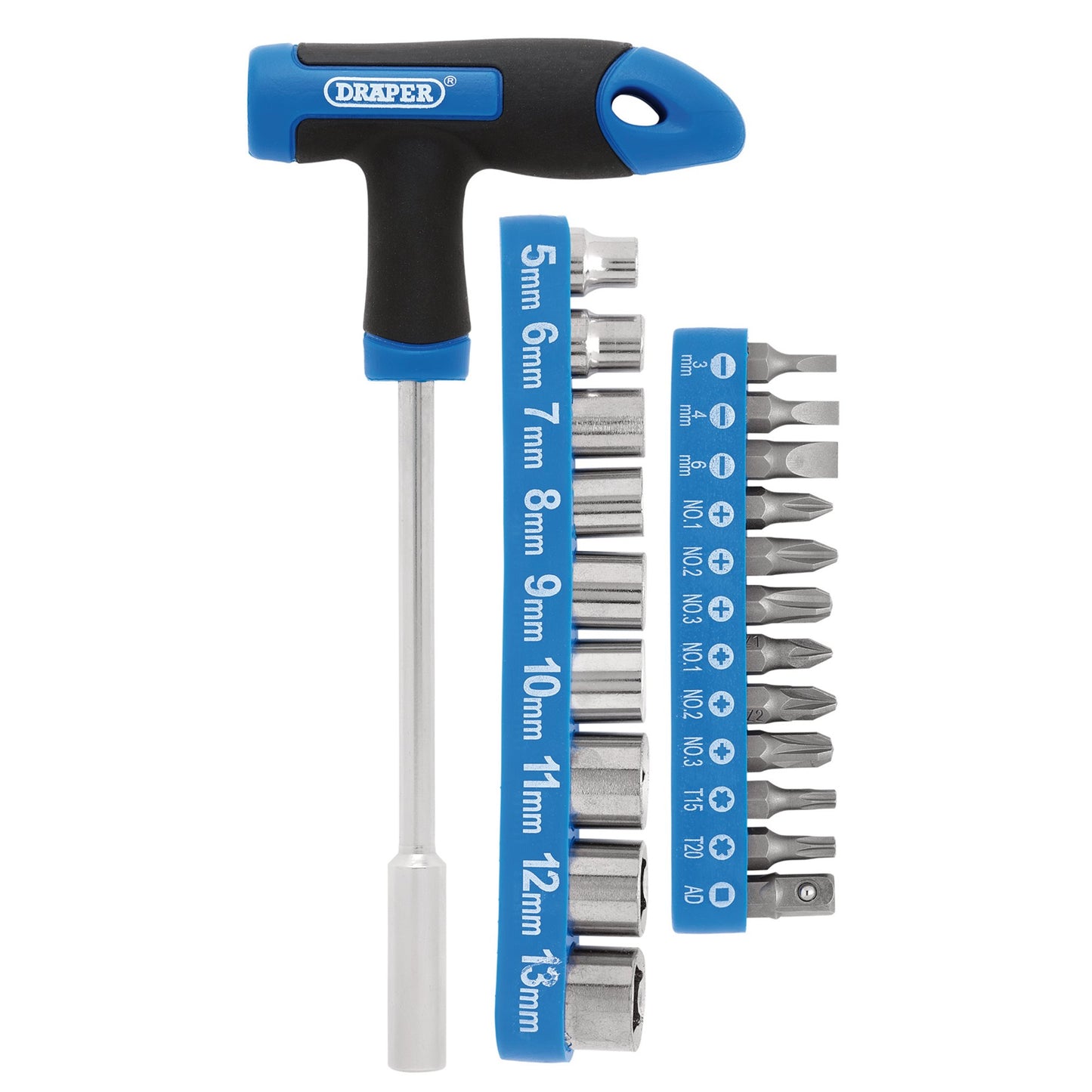 Draper T Handle Screwdriver Socket and Bit Set 1/4"D 22pc 6 Point 5-13mm 21011