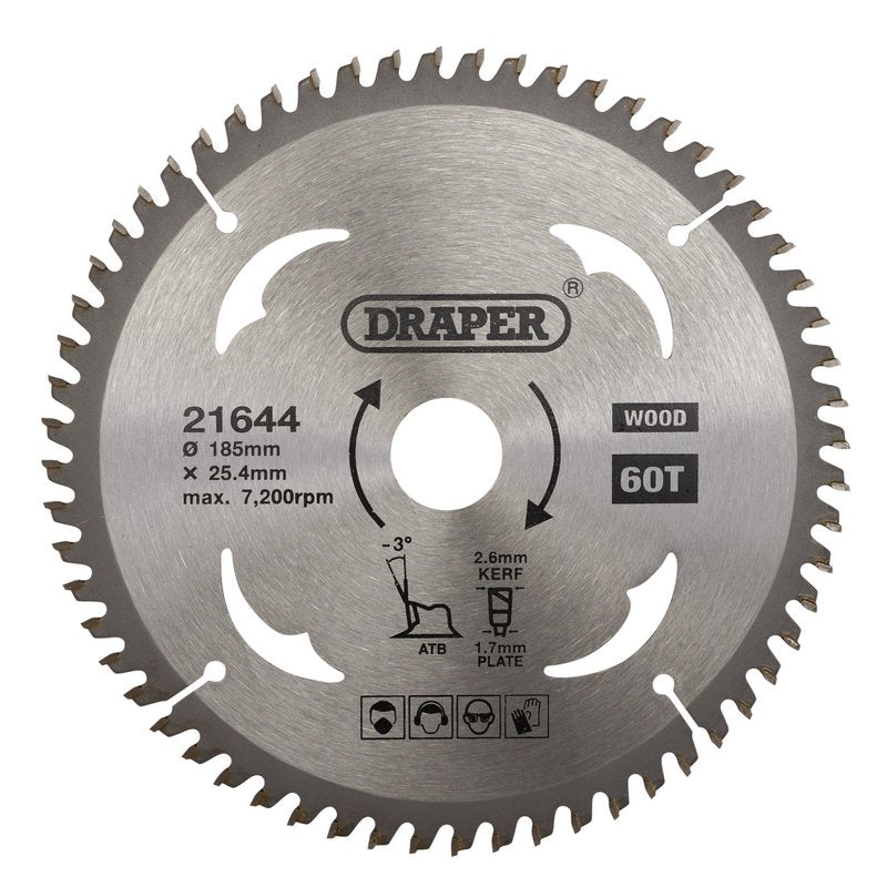 Draper TCT Circular Saw Blade for Laminate & Wood, 185 x 25.4mm 60T 21644