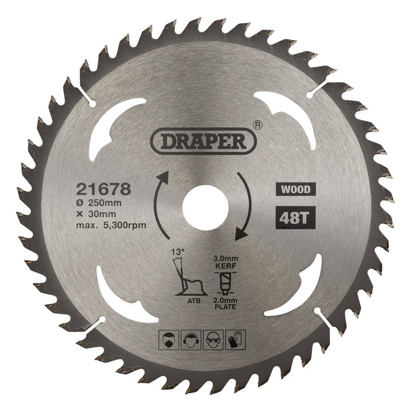 Draper TCT Circular Saw Blade for Wood 250 x 30mm 48T 21678