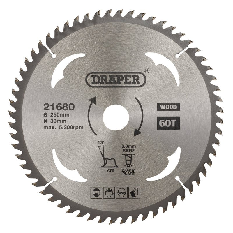 Draper TCT Circular Saw Blade for Wood 250 x 30mm 60T 21680