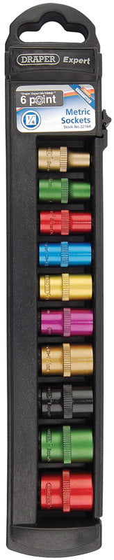 Set of 1/4" Sq. Dr. 6 Point Draper Hi-Torq® Metric Satin Coloured Chrome Sockets (10 Piece)