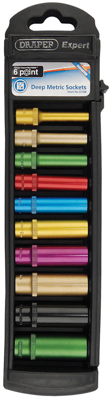 Set of 1/4" Sq. Dr. 6 Point Deep Draper Hi-Torq® Metric Satin Coloured Chrome Sockets (10 Piece)
