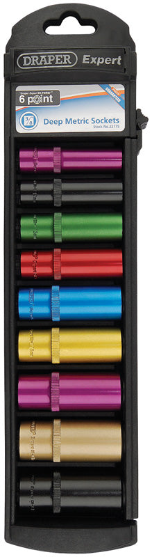 Set of 3/8" Sq. Dr. 6 Point Deep Draper Hi-Torq® Metric Satin Coloured Chrome Sockets (9 Piece)