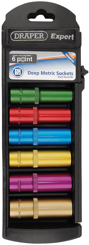 Set of 1/2" Sq. Dr. 6 Point Deep Draper Hi-Torq® Metric Satin Coloured Chrome socket (6 Piece)