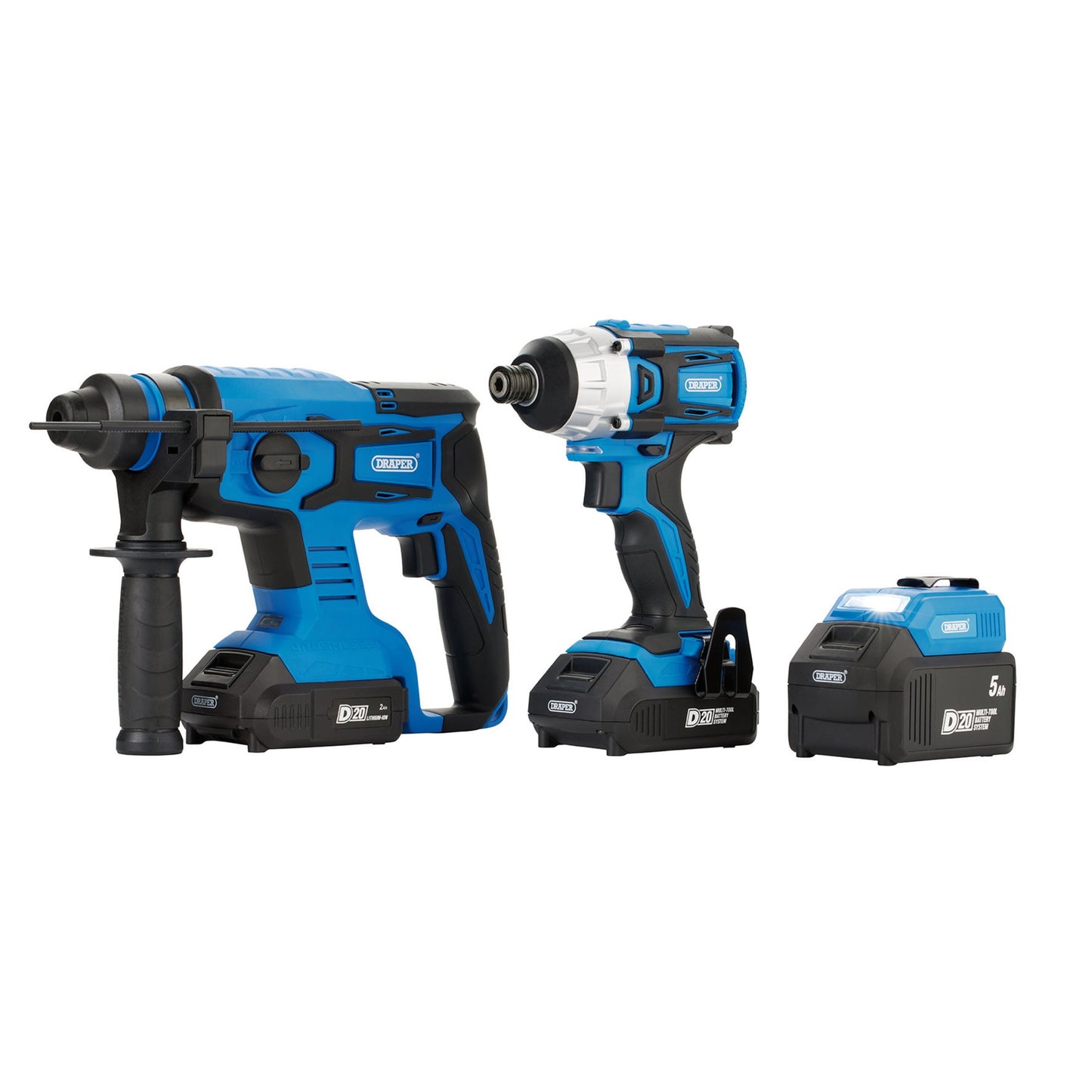 Draper D20 20V Impact Driver and SDS+ Drill Kit 4 Batteries Bag & Charger 24021