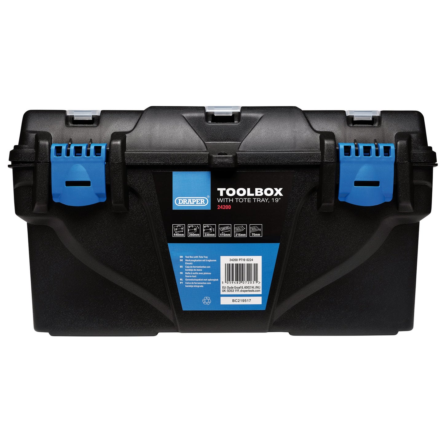 Draper Plastic Toolbox with Tote Tray 19" Integrated Handle & Lockable 24200