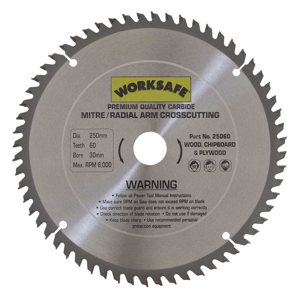 Sealey TCT Saw Blade 250 x 30mm 60tpu For Chipboard Plywood Fine Finish 25060