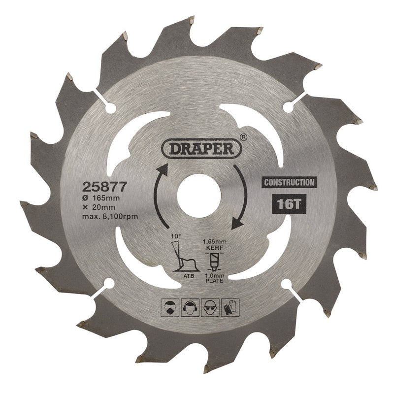 Draper TCT Cordless Construction Circular Saw Blade Wood 165 x 20mm 16T 25877