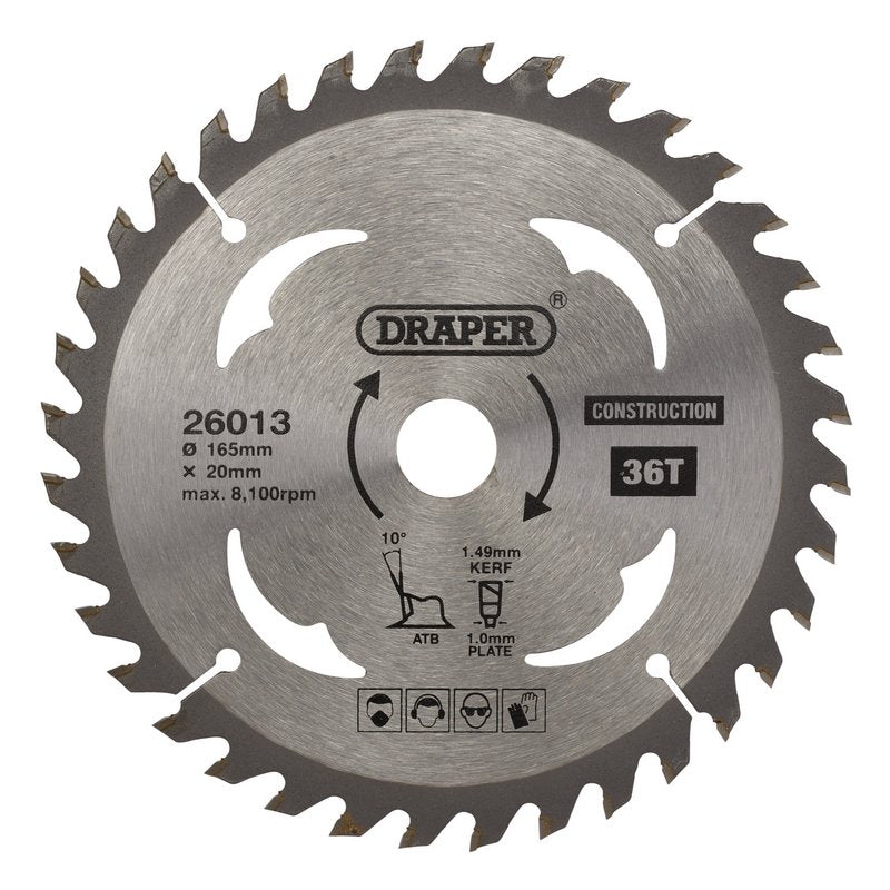 Draper TCT Cordless Construction Circular Saw Blade Wood 165 x 20mm 36T 26013