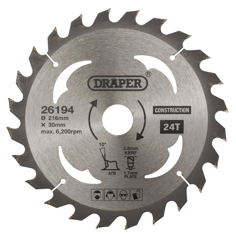 Draper TCT Construction Circular Saw Blade 216 x 30mm 24T 26194