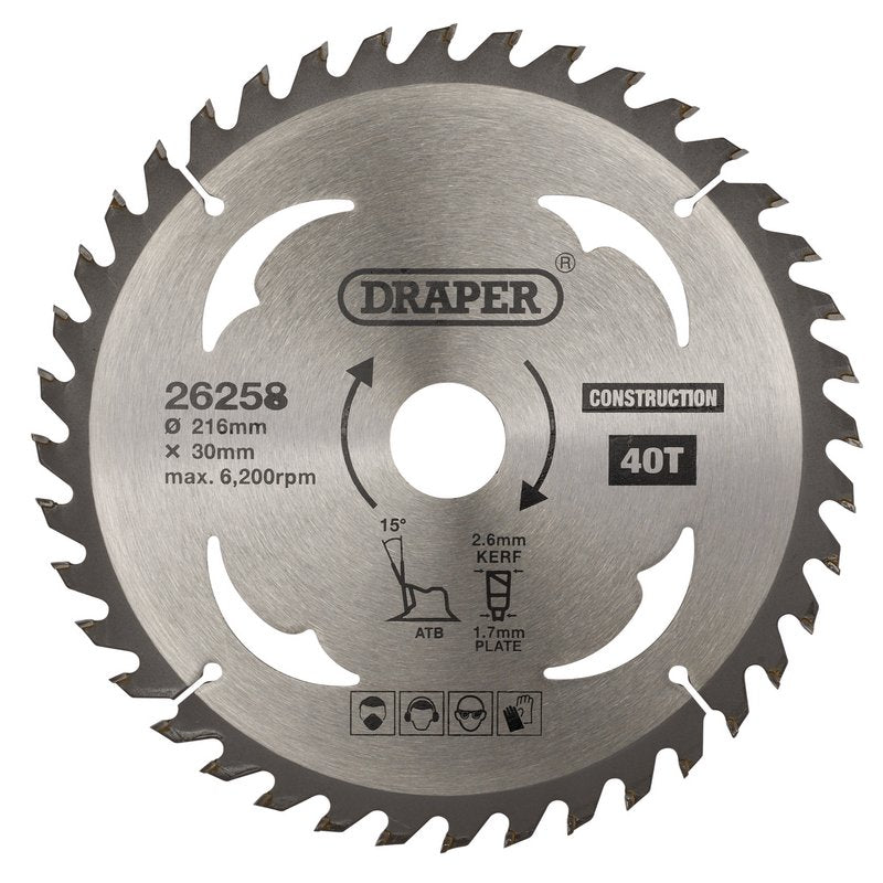 Draper TCT Construction Circular Saw Blade 216 x 30mm 40T 26258
