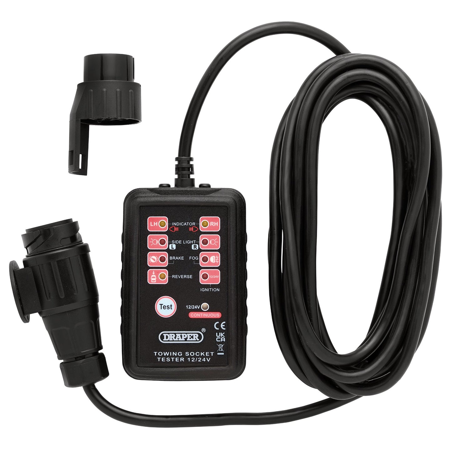 Draper 13 and 7-Pin Towbar Socket Tester 12 - 24V 5m Cable LED Display 27197