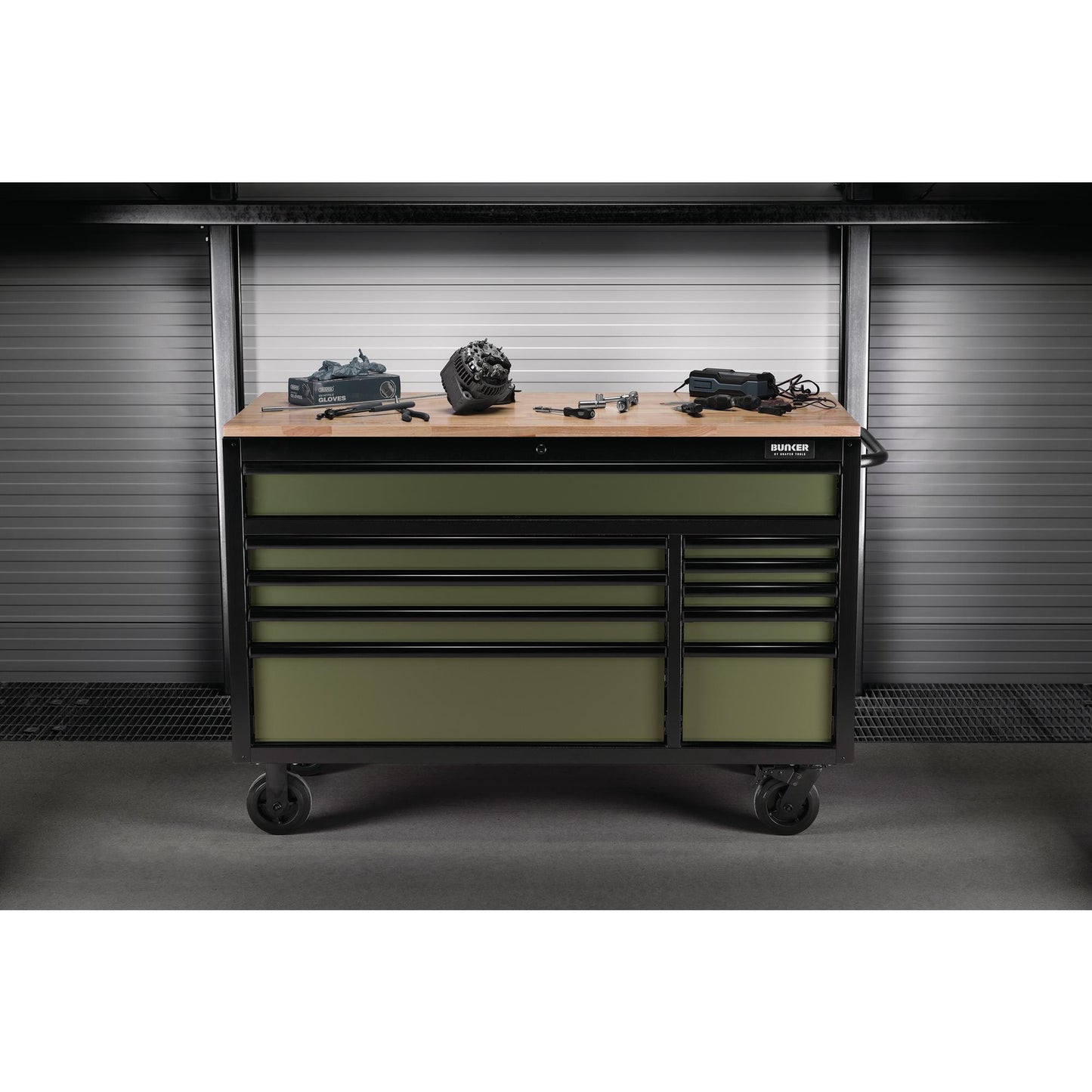 BUNKER® 10 Drawer Workbench Roller Tool Cabinet, 56", Green