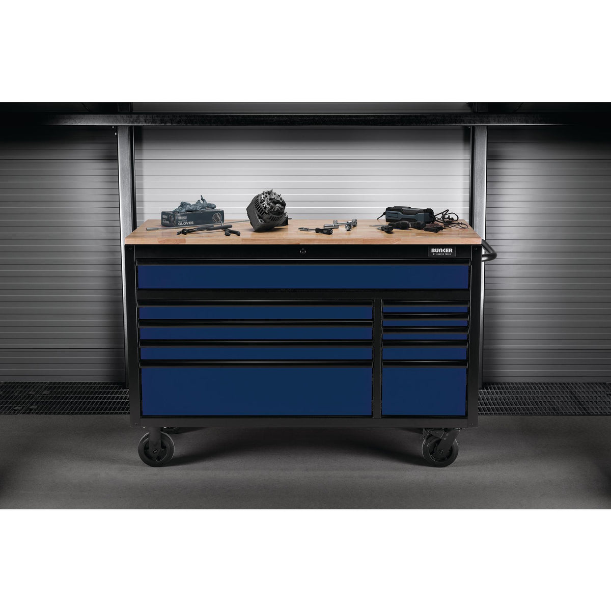 BUNKER 10 Drawer Workbench Roller Tool Cabinet, 56", Blue