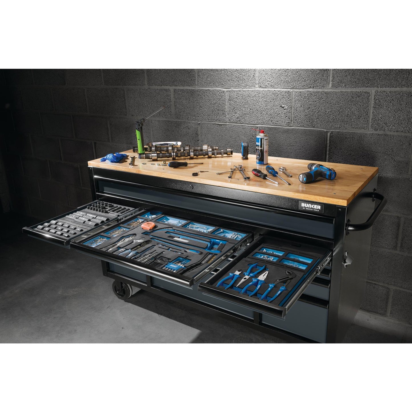 BUNKER® 15 Drawer Workbench Roller Tool Cabinet, 61", Grey