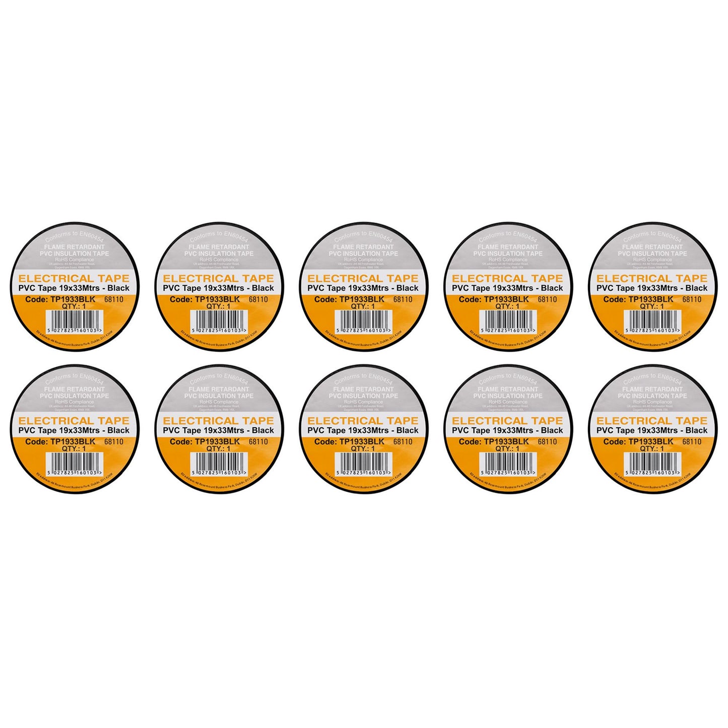Black PVC Electrical Insulation Tape, 19mm x 33m (Pack of 10)