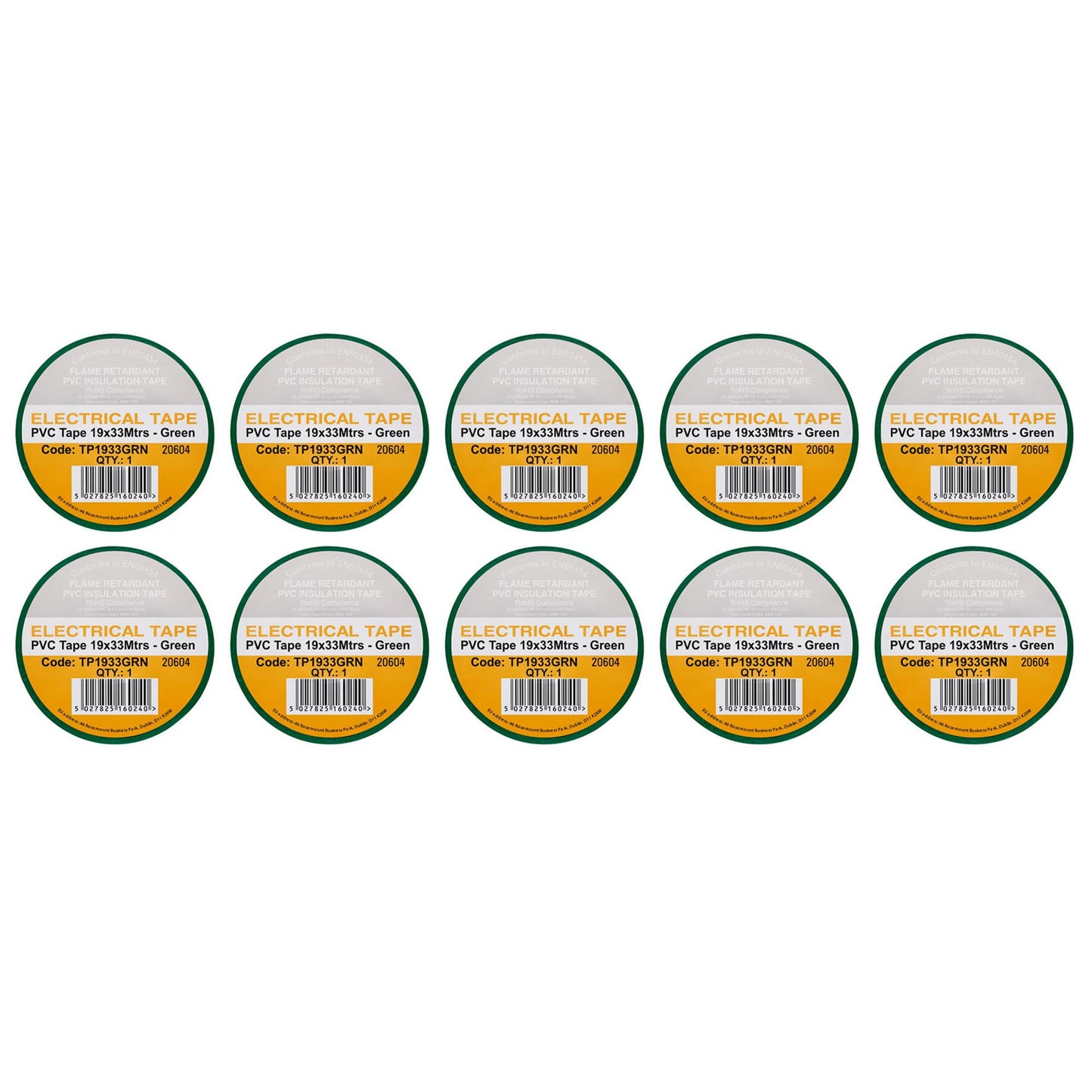 Green PVC Electrical Insulation Tape, 19mm x 33m (Pack of 10)